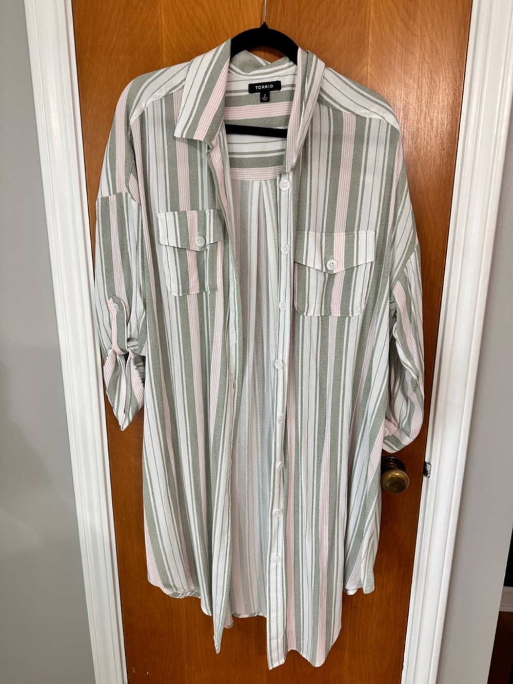 torrid Sage Green and Light Pink Striped Button-Down Shirt